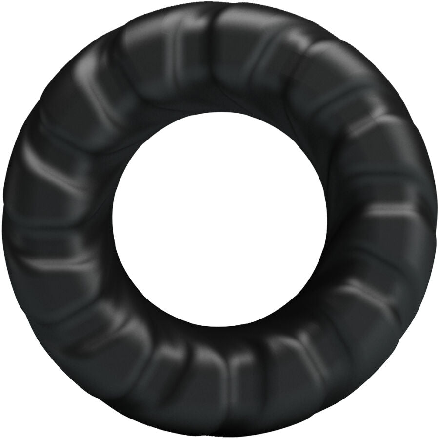 Vue de face de l'anneau Jeriko Crazy Bull en silicone noir, bague large aux nervures torsadees enroulees en spirale autour de l'ouverture centrale.