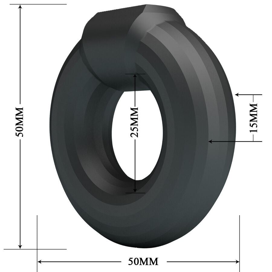 Schema cote de l'anneau Kayke Crazy Bull, diametre 50 mm, ouverture 25 mm, epaisseur 15 mm, bague epaisse a languette en silicone gris fume souple.
