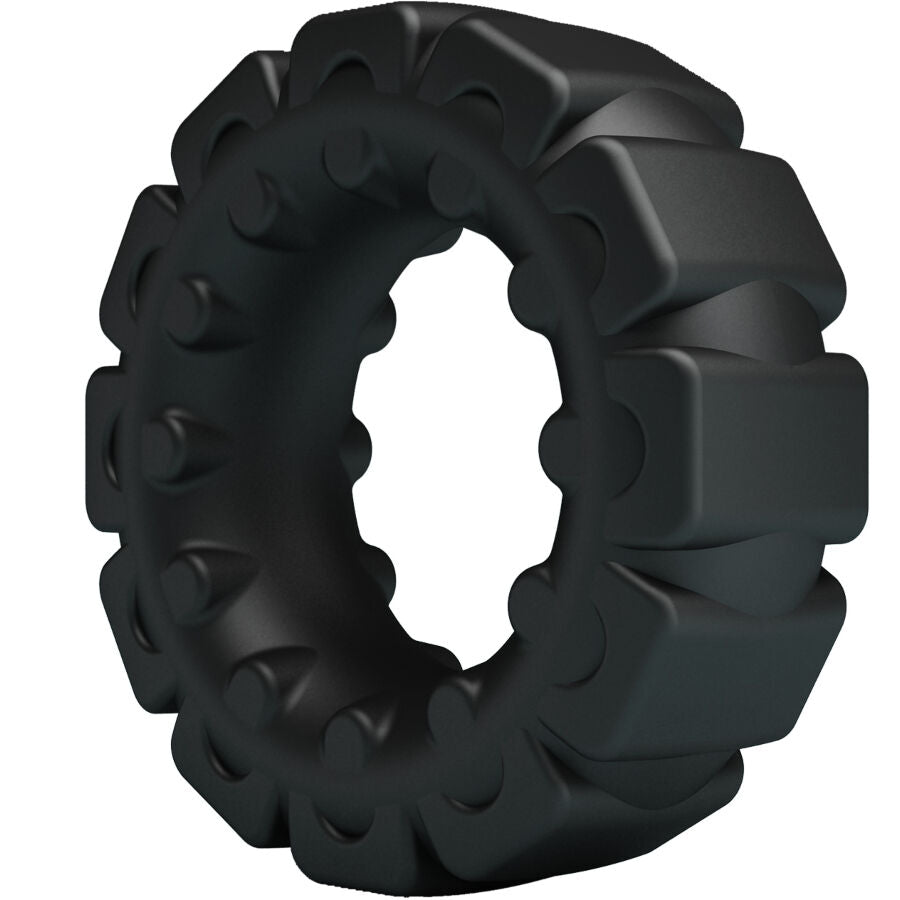Anneau Laiden Crazy Bull en silicone souple noir vu en trois quarts, motif pneu a gros crampons saillants pour un look mecanique et texturé.