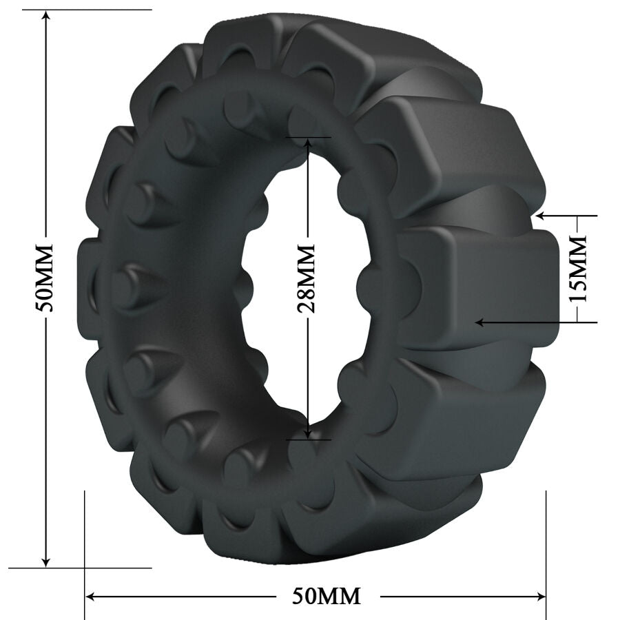 Schema cote de l'anneau Laiden Crazy Bull, diametre 50 mm, ouverture 28 mm, epaisseur 15 mm, bague a crampons style pneu en silicone noir souple.