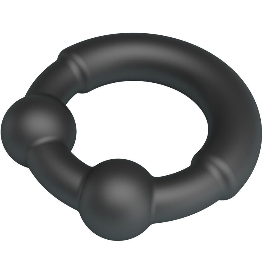 Anneau penien Meco Crazy Bull en silicone noir presente en angle, anneau fin perle souple et elastique concu pour soutenir la fermeté discretement.