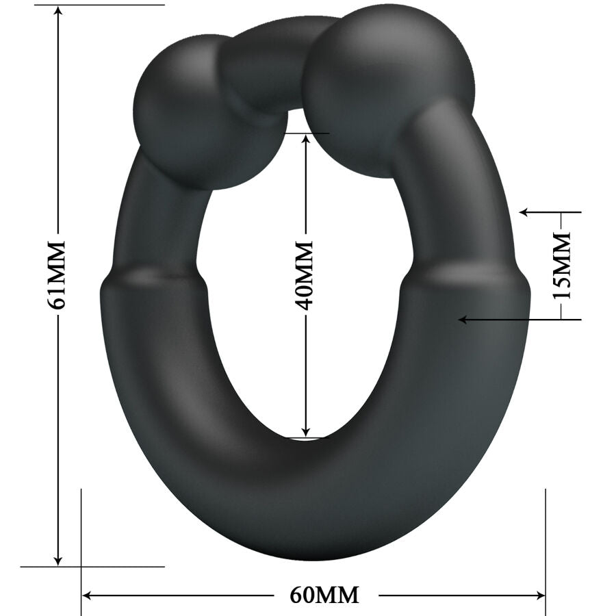 Schema cote de l'anneau Meco Crazy Bull, hauteur 61 mm, ouverture 40 mm, epaisseur 15 mm, fine bague perlée en silicone noir souple et elastique.