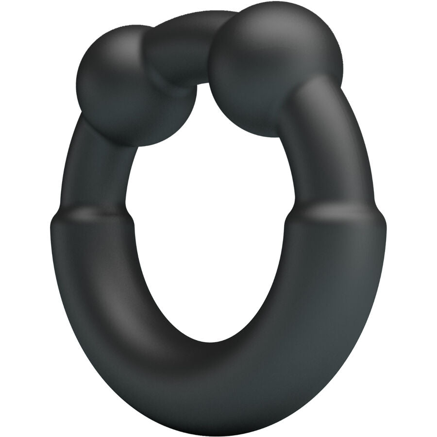 Anneau Meco Crazy Bull en silicone souple noir vu en trois quarts, anneau fin a perles enfilées concu pour un maintien leger et une stimulation douce.