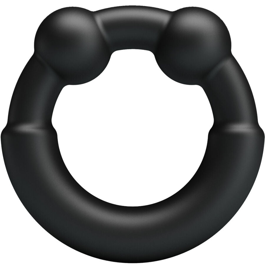Vue de face de l'anneau Meco Crazy Bull en silicone noir, fine bague souple ornee de trois perles arrondies pour une stimulation localisee.