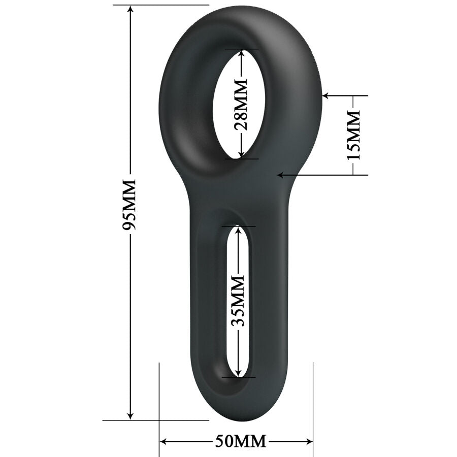 Schema cote de l'anneau Oniel Crazy Bull, hauteur 95 mm, ouverture 28 mm, languette 35 mm, epaisseur 15 mm, bague a languette en silicone noir souple.
