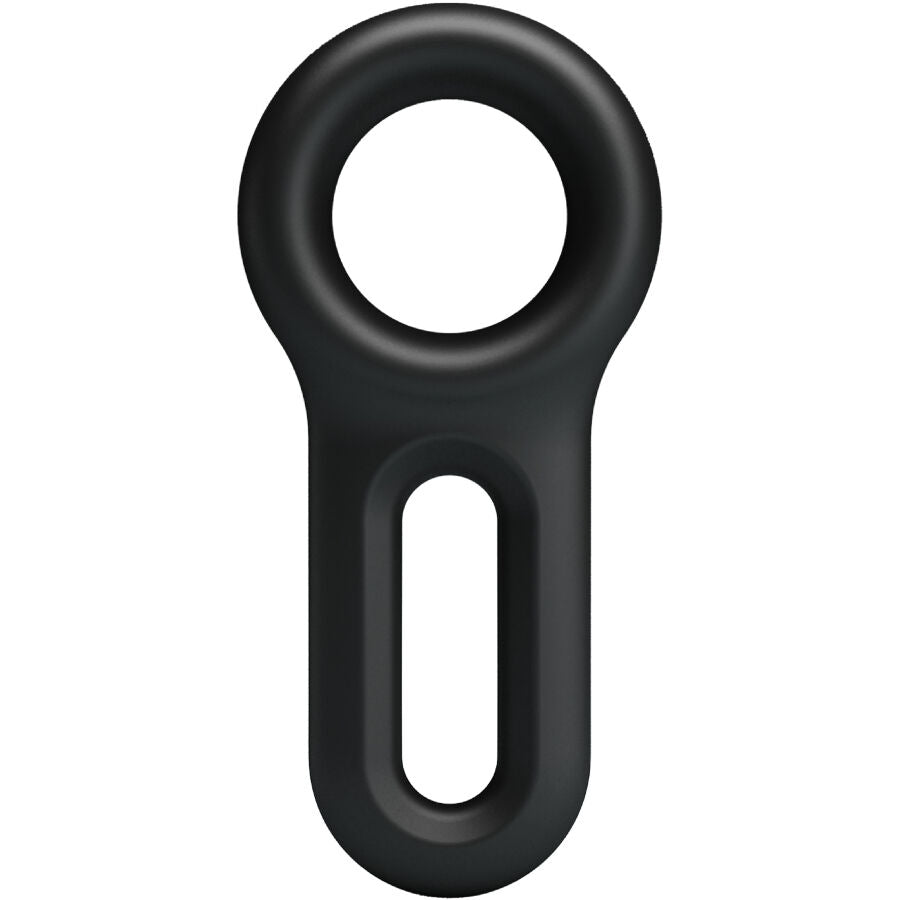 Vue de face de l'anneau Oniel Crazy Bull en silicone noir, anneau rond prolonge d'une longue languette fendue souple pour la prehension et le maintien.