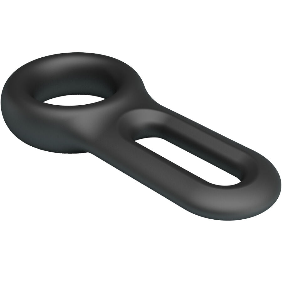Anneau Oniel Crazy Bull en silicone souple noir presente en angle, bague ronde reliee a une languette fendue souple pour soutenir la fermeté a deux.