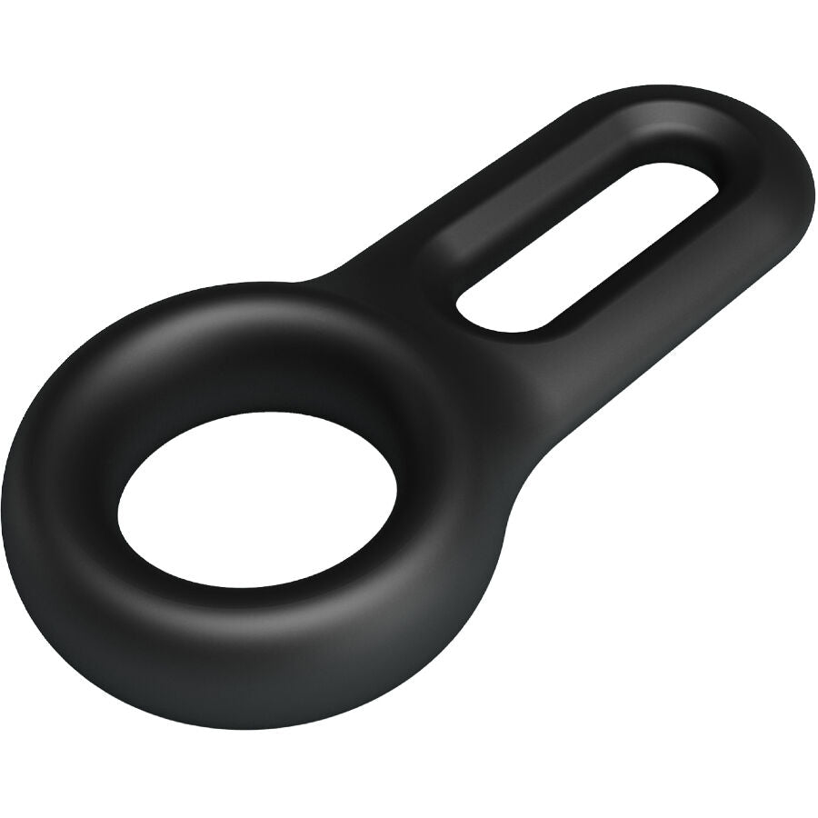 Anneau penien Oniel Crazy Bull en silicone noir vu sous un autre angle, anneau et languette fendue allongee au toucher doux pour prolonger les sensations.