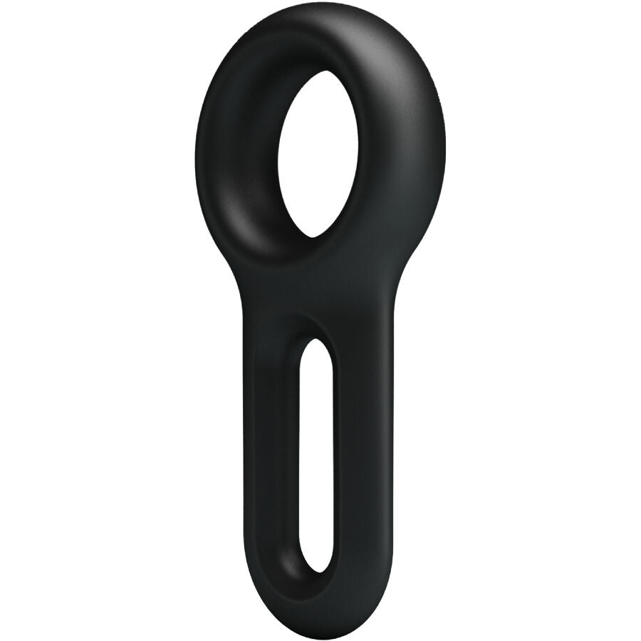 Anneau Oniel Crazy Bull en silicone souple noir vu en trois quarts, bague ronde et languette fendue allongee concues pour un maintien ajustable.
