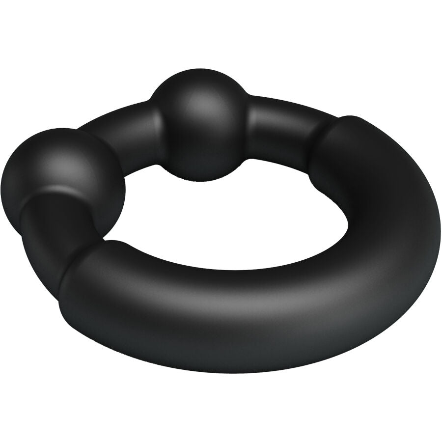 Anneau Meco Crazy Bull en silicone souple noir vu de haut, fine bague elastique ornee de perles arrondies pour intensifier les sensations a deux.