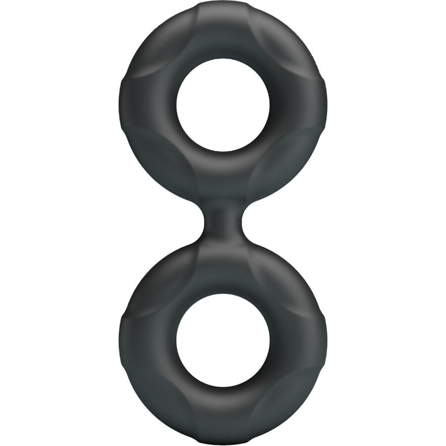 Cockring double en silicone noir vu de face, deux anneaux ronds lisses relies en huit, matiere super soft souple et facile a enfiler pour maintenir la fermete.