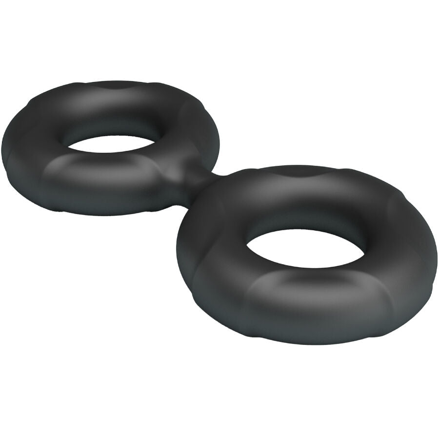 Deux anneaux penien doubles en silicone noir presentes cote a cote, design en huit a boucles arrondies, matiere souple au toucher doux et durable.