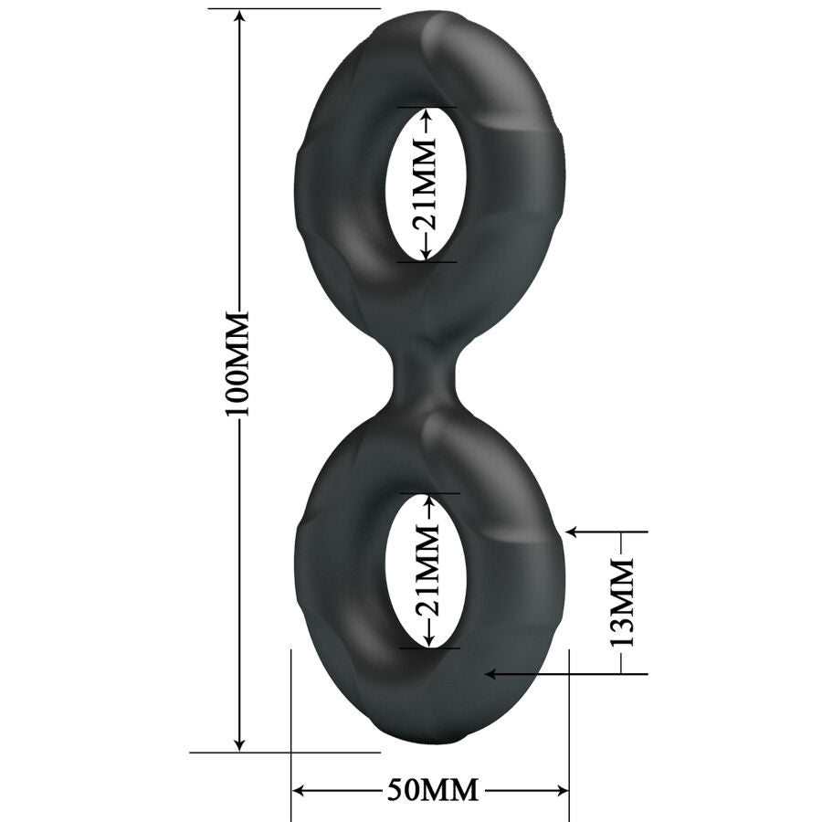 Schema cote du cockring double Radwan avec dimensions : longueur 100 mm, largeur 50 mm, deux anneaux internes de 21 mm et epaisseur de 13 mm, silicone super soft.