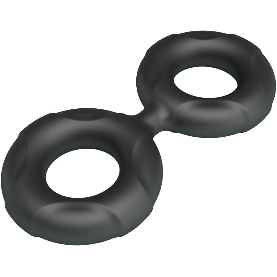 Cockring double silicone noir vu en gros plan sur la boucle large, fini mat lisse, structure ergonomique pensee pour le maintien de l'erection a deux.