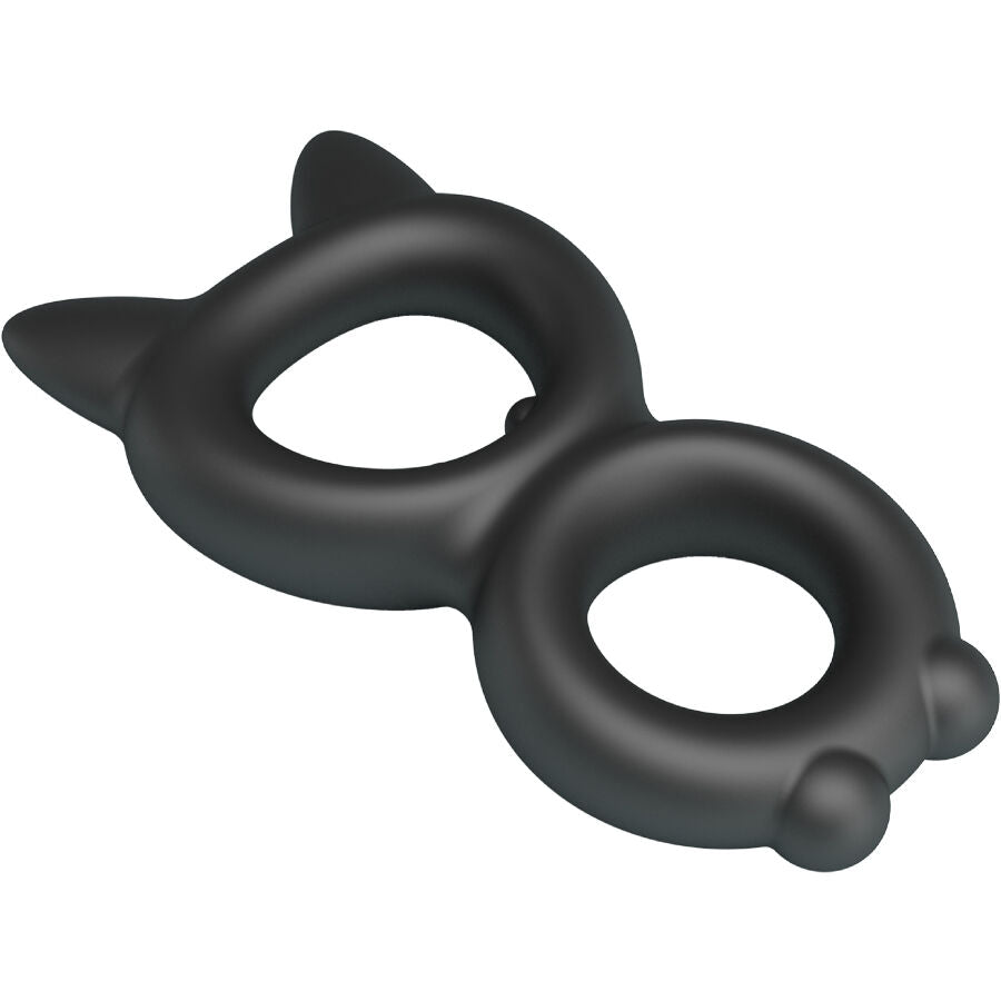 Cockring double silicone noir presente en plongee, design felin avec oreilles, deux anneaux ouverts souples pour penis et testicules, toucher doux et extensible.