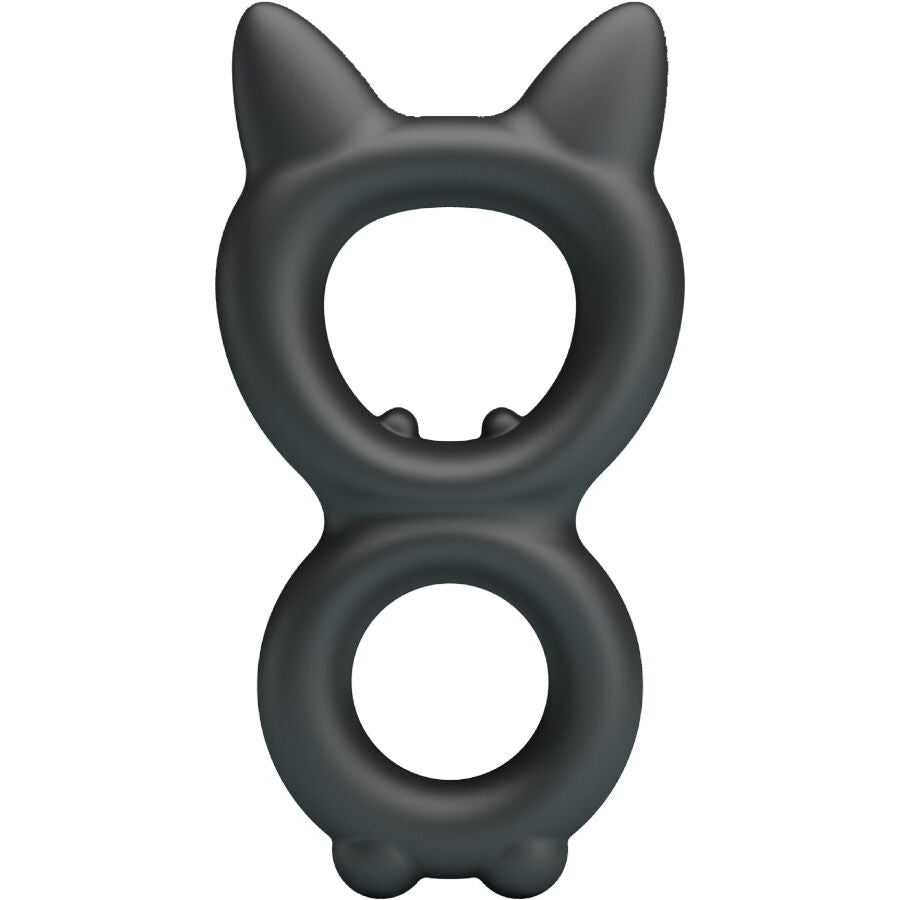 Cockring double en silicone noir Crazy Bull vu de face, design en huit avec pointes laterales arrondies, structure souple pensee pour soutenir la fermete a deux.