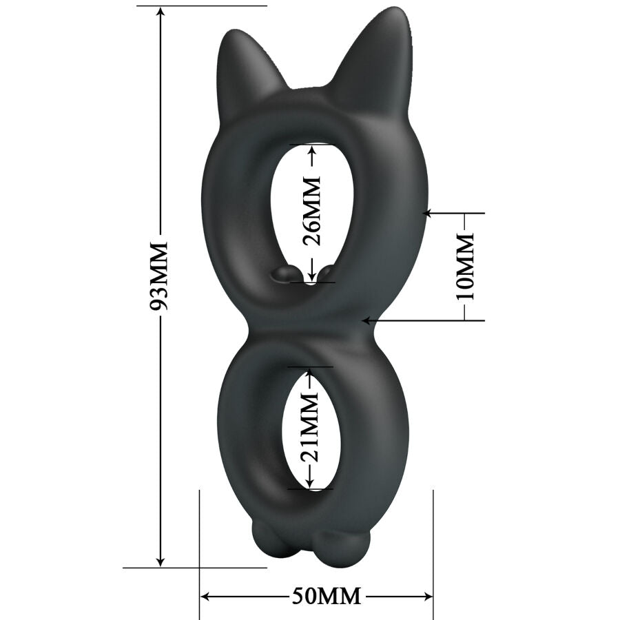 Schema technique du cockring double silicone Toran avec cotes : hauteur 93 mm, largeur 50 mm, anneaux internes de 26 et 21 mm, espacement 10 mm entre les boucles.
