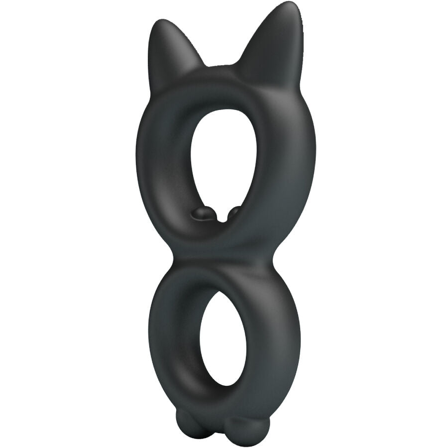 Anneau penien double en silicone noir, vue de trois quarts montrant les deux ovales et les ergots superieurs, matiere super soft adaptable a la morphologie.