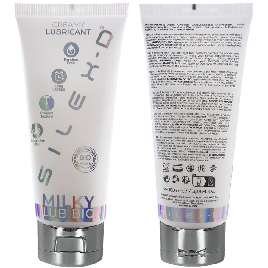 Deux tubes de lubrifiant crémeux Silexd Milky Lub 100 ml présentés recto-verso : façade logo Milky Lub et dos avec ingrédients. Lubrifiant bio base eau effet laiteux, vegan.