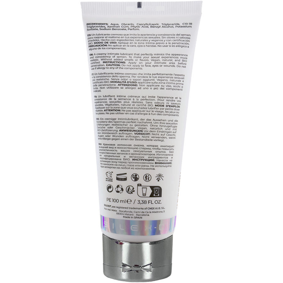 Verso du tube lubrifiant crémeux Silexd Milky Lub 100 ml : étiquette des ingrédients et pictos d'usage. Lubrifiant bio base eau effet laiteux, vegan, sans anatomie visible.