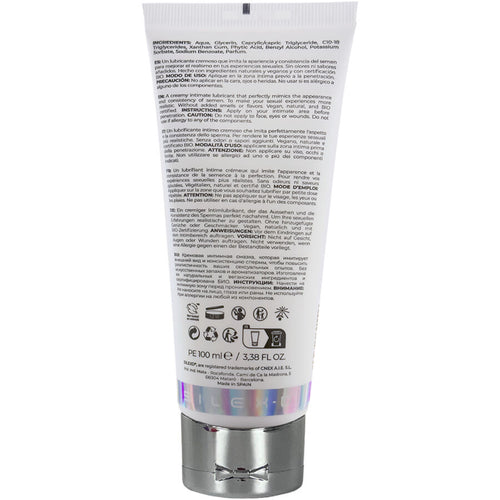 Verso du tube lubrifiant crémeux Silexd Milky Lub 100 ml : étiquette des ingrédients et pictos d'usage. Lubrifiant bio base eau effet laiteux, vegan, sans anatomie visible.