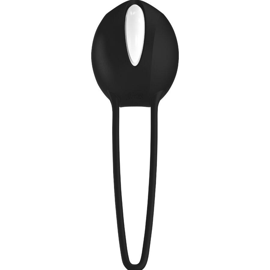 Boule de Geisha Smartball noire vue de face, sphère en silicone et cordon de préhension blanc, poids mobile interne qui sollicite le périnée à chaque pas.