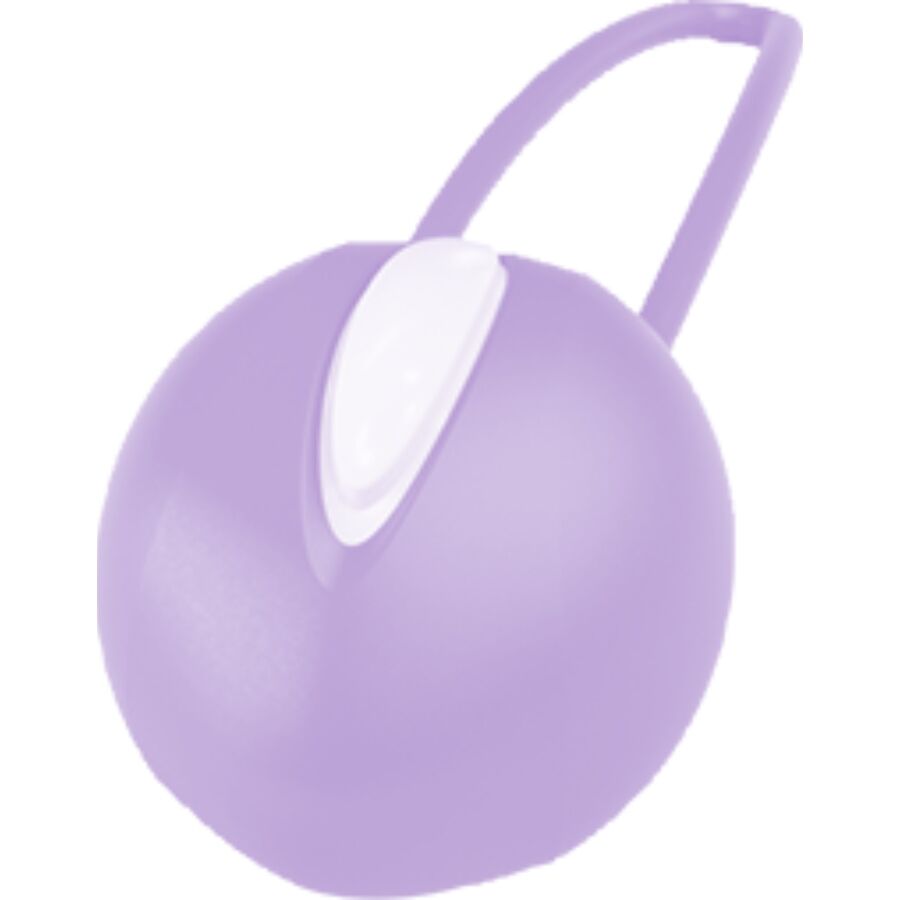 Gros plan sur la boule de Geisha lavande, sphère lisse en silicone et cordon de retrait souple, accessoire de musculation périnéale Fun Factory.