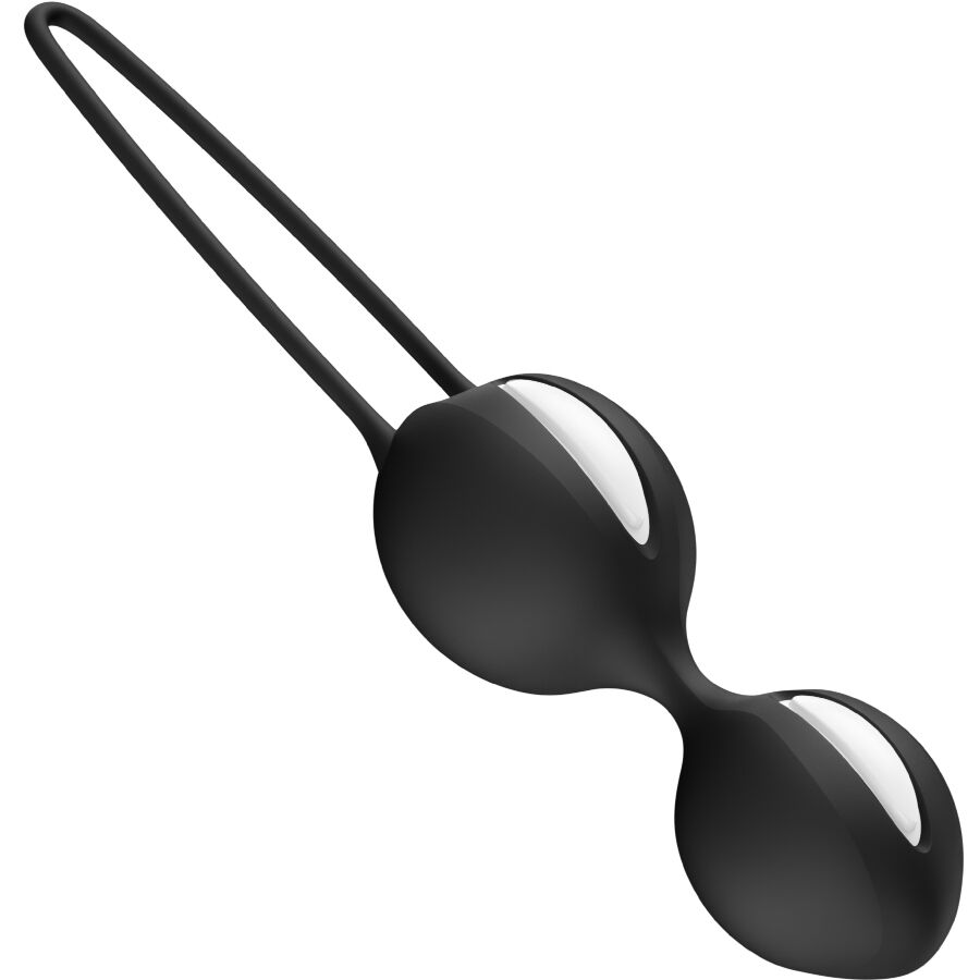 Boules de Kegel noires inclinees en gros plan, duo de spheres lestees a poids mobiles et cordon souple, sollicitation du perinee a chaque mouvement.