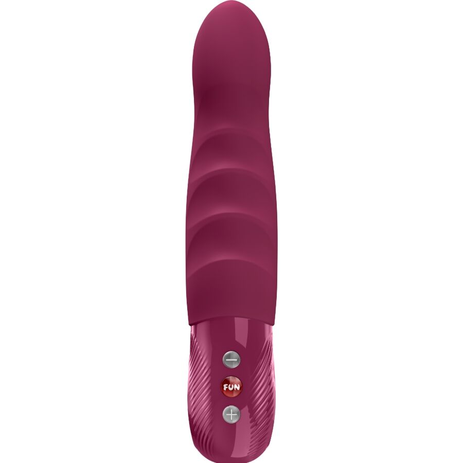 Pulsateur a va-et-vient Fun Factory bordeaux de 21 cm, tige nervuree a extremite incurvee et manche a bague rouge, penetrations profondes en silicone.