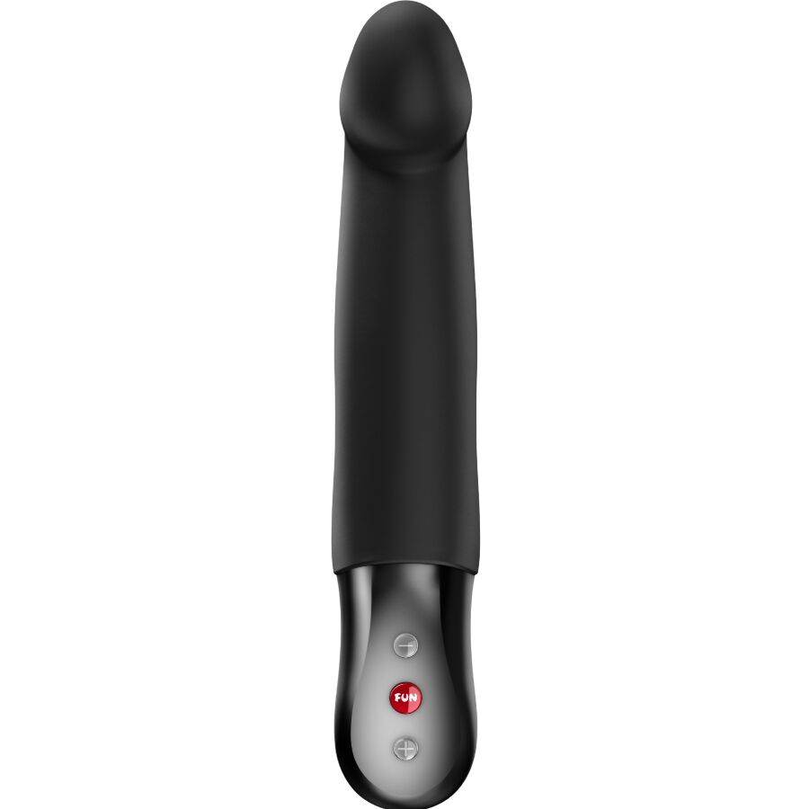 Vibromasseur Stronic Real en silicone noir vu de profil, tige a forme realiste de dix-neuf centimetres et tete en gland, poignee metallisee a bouton FUN pour un va-et-vient naturel.