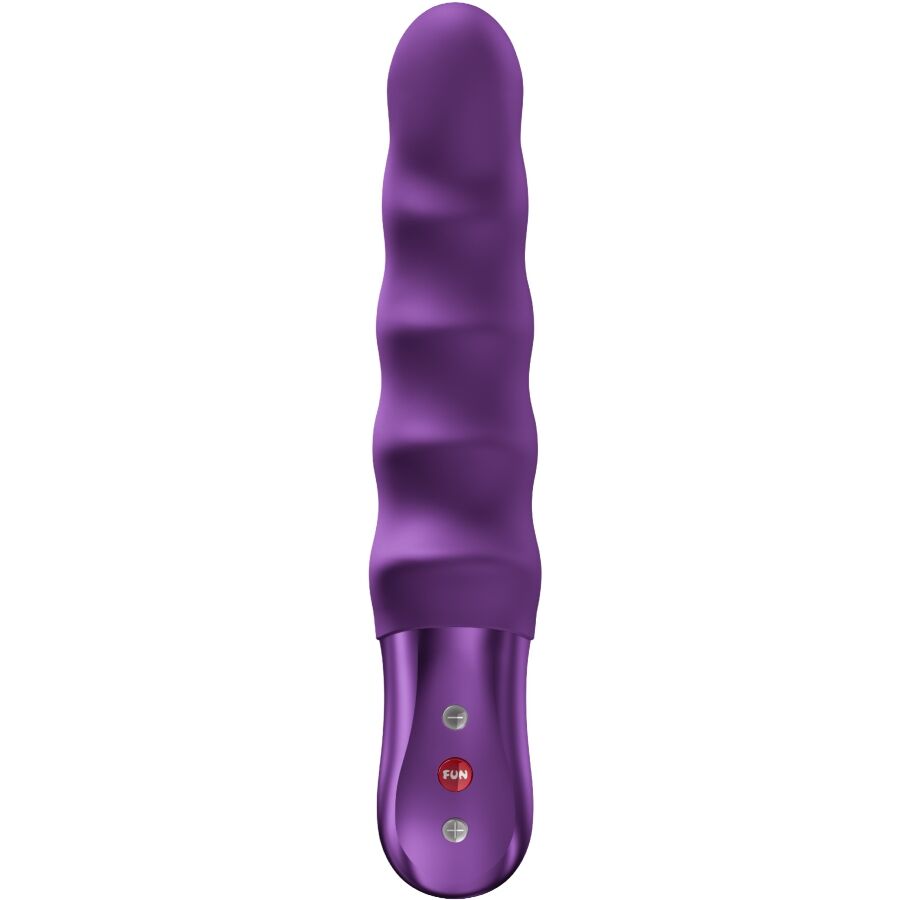 Pulsateur a va-et-vient Fun Factory violet, tige torsadee nervuree et manche a bouton FUN, 7 vitesses et 3 rythmes mains libres en silicone.