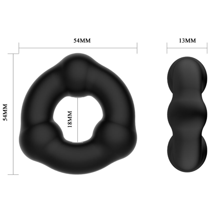 Schema cote de l'anneau penien Crazy Bull a nodules, largeur 54 mm et diametre interieur 18 mm, bague triangulaire en silicone souple noir stimulante.
