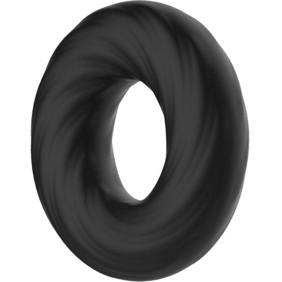 Vue de trois quarts du cockring Crazy Bull en silicone souple noir au design spirale, matiere douce qui se resserre selon la morphologie pour prolonger les sensations.