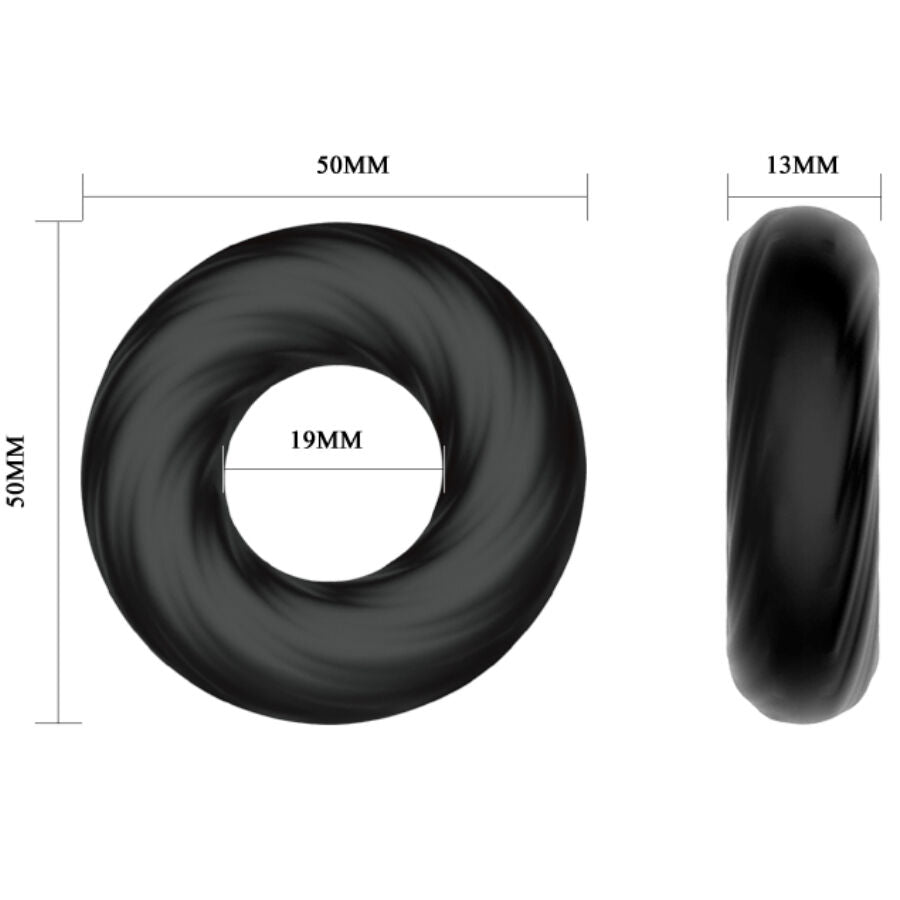 Schema technique de l'anneau penien Crazy Bull en silicone, diametre exterieur 50 mm, interieur 19 mm, epaisseur 13 mm, bague souple ajustable noire.
