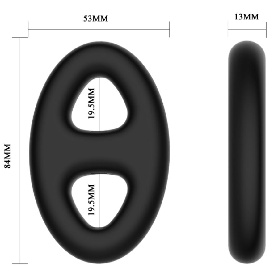 Schema cote de l'anneau Crazy Bull double ovale, hauteur 84 mm, largeur 53 mm, deux ouvertures de 19,5 mm, bague silicone noir ergonomique etanche.