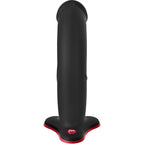 Gode réaliste noir vu de face, gland sculpté et fût texturé en silicone sur base ventouse à liseré rouge et touche FUN, format mains libres.