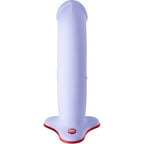 Gode réaliste lavande vu de face, gland nettement dessiné et tige droite en silicone sur base ventouse, embase plate compatible harnais.