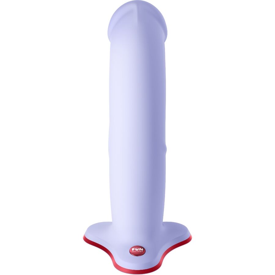 Gode réaliste lavande vu de face, gland nettement dessiné et tige droite en silicone sur base ventouse, embase plate compatible harnais.