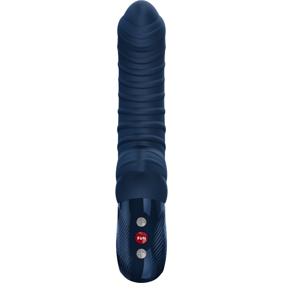 Pulsateur Stronic en silicone bleu marine vu de face dresse, tige a stries spiralees et tete bombee en gland, poignee texturee a commande FUN pour un va-et-vient profond point G.