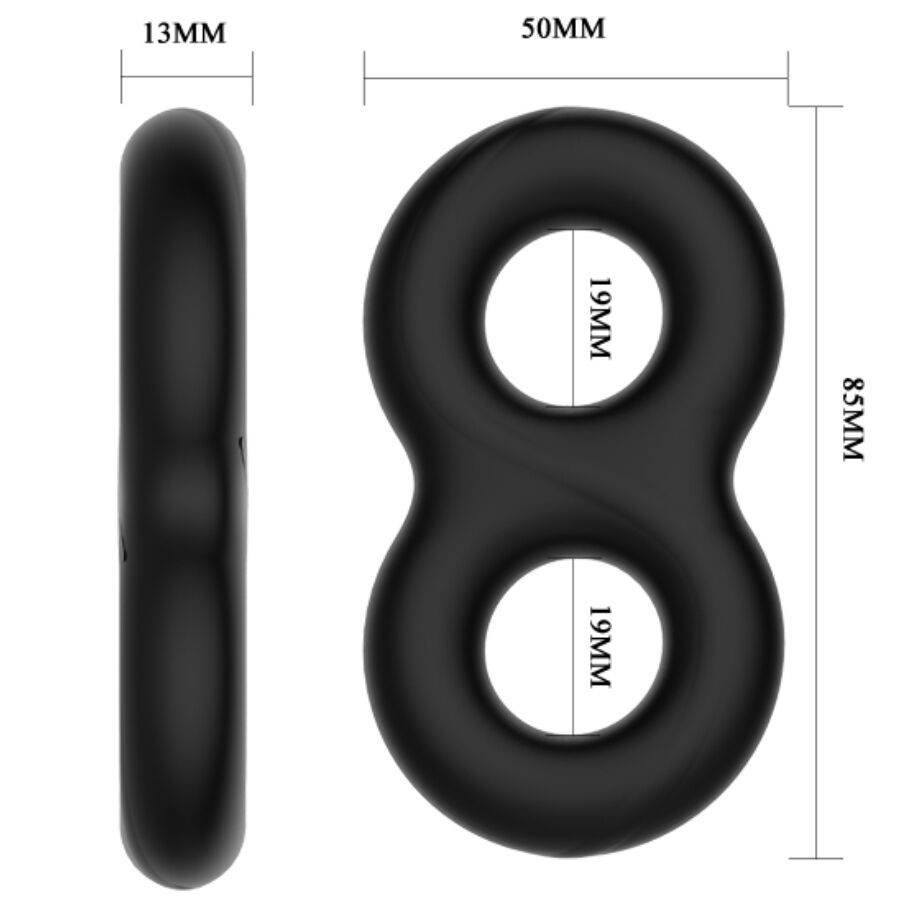 Schema cote de la bague Crazy Bull double infinity, longueur 85 mm, epaisseur 13 mm, deux ouvertures de 19 mm, structure en huit silicone noir souple.