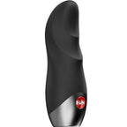 Masturbateur noir de profil, intérieur texturé en silicone et embase métallisée à bouton FUN, manchon modulable à clic magnétique pour le plaisir masculin.