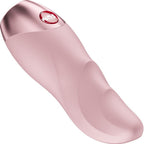 Masturbateur masculin rose vu de dessus, intérieur nervuré en silicone et capuchon doré à bouton FUN, format compact à clic magnétique combinable.