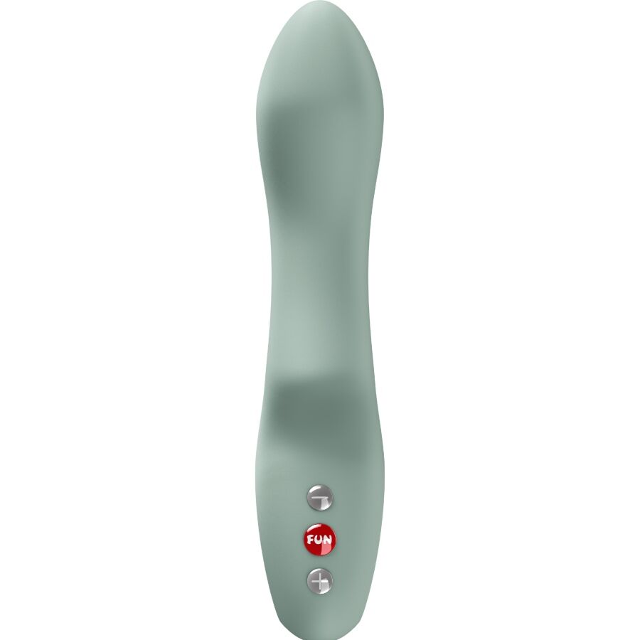 Pulsateur a va-et-vient vert sauge debout, tige fine ondulee et poignee a bouton FUN, 4 vitesses et 4 programmes pour le point G en silicone.