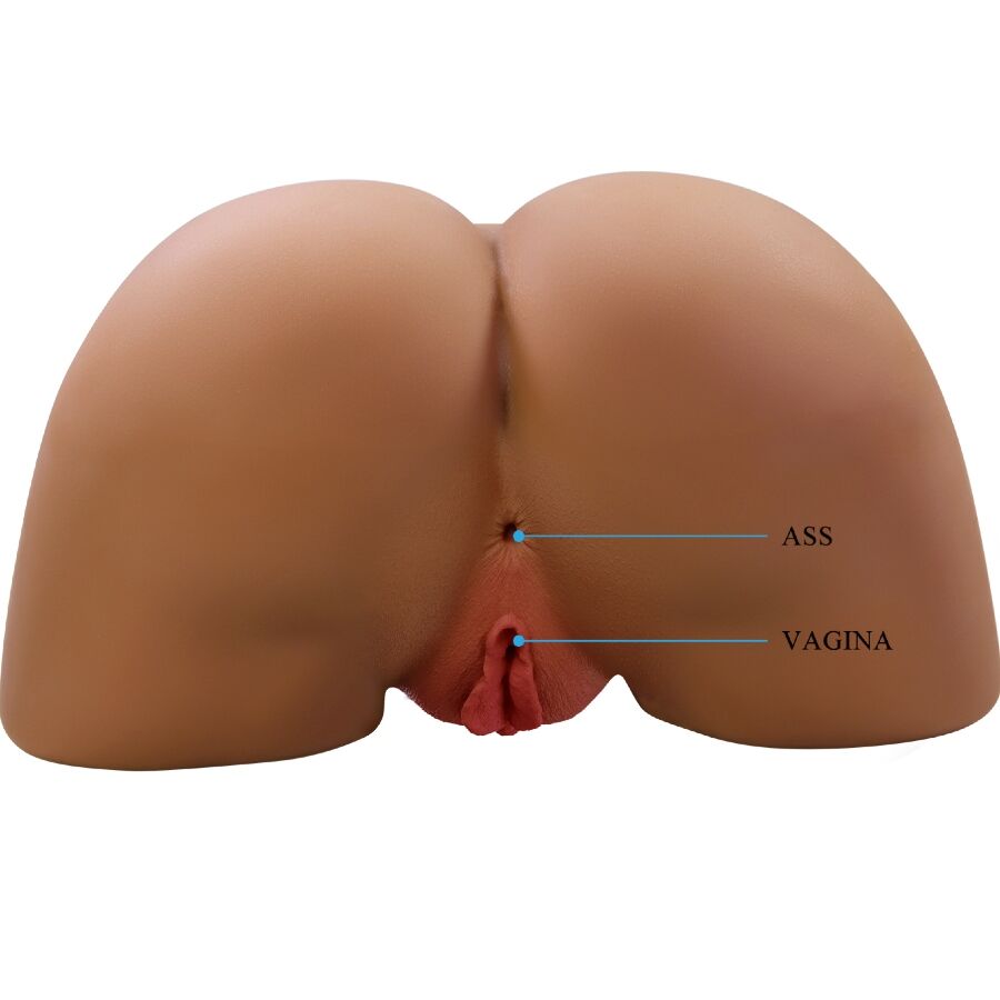 Masturbateur buste realiste vu de dos avec reperes ass et vagina, double entree texturee en TPE chair souple, volume lourd pour une prise en main immersive.