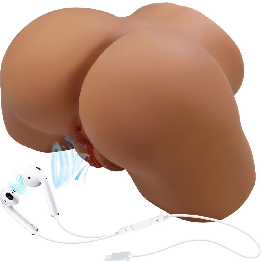 Masturbateur buste realiste Sophia en TPE chair, vue de trois quarts avec ecouteurs illustrant la vibration, surface souple imitant le contact peau a peau.