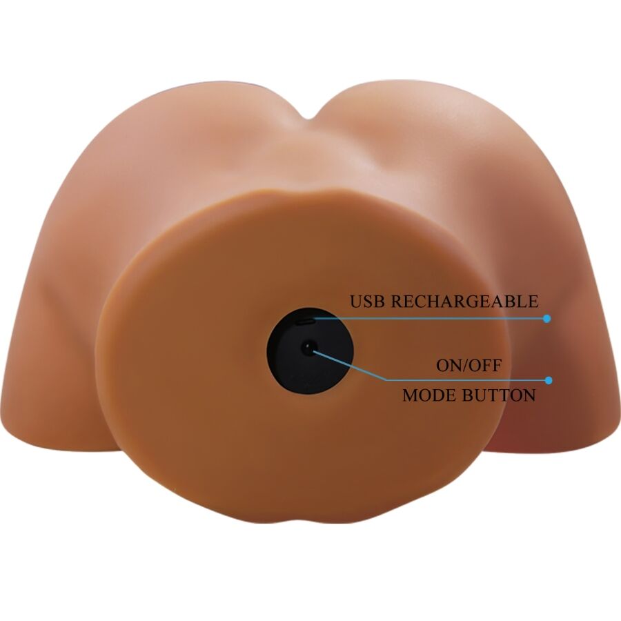 Buste masturbateur realiste vu de dos avec bouton mode et port USB rechargeable indiques, matiere TPE souple chair, fonction vibration pour sensations immersives.