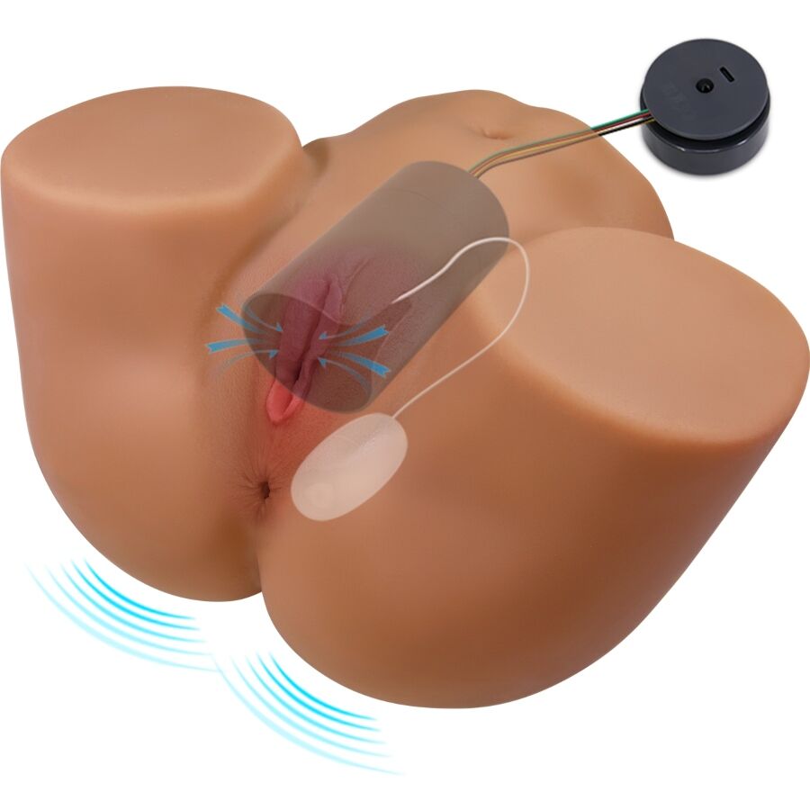 Vue eclatee du masturbateur buste vibrant montrant le moteur interne et les ondes de vibration, deux tunnels textures vaginal et anal en TPE realiste.