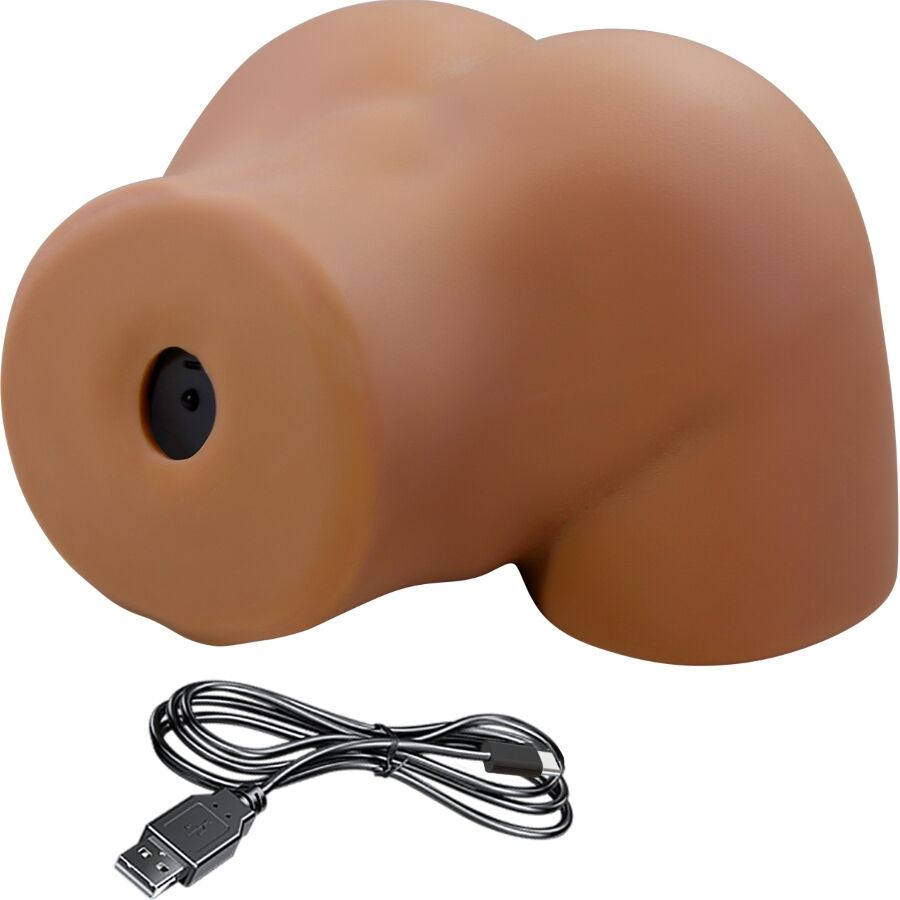 Masturbateur buste realiste en TPE chair vu de face, orifice central marque, cable USB de recharge a cote, surface souple imitant la peau pour double penetration.