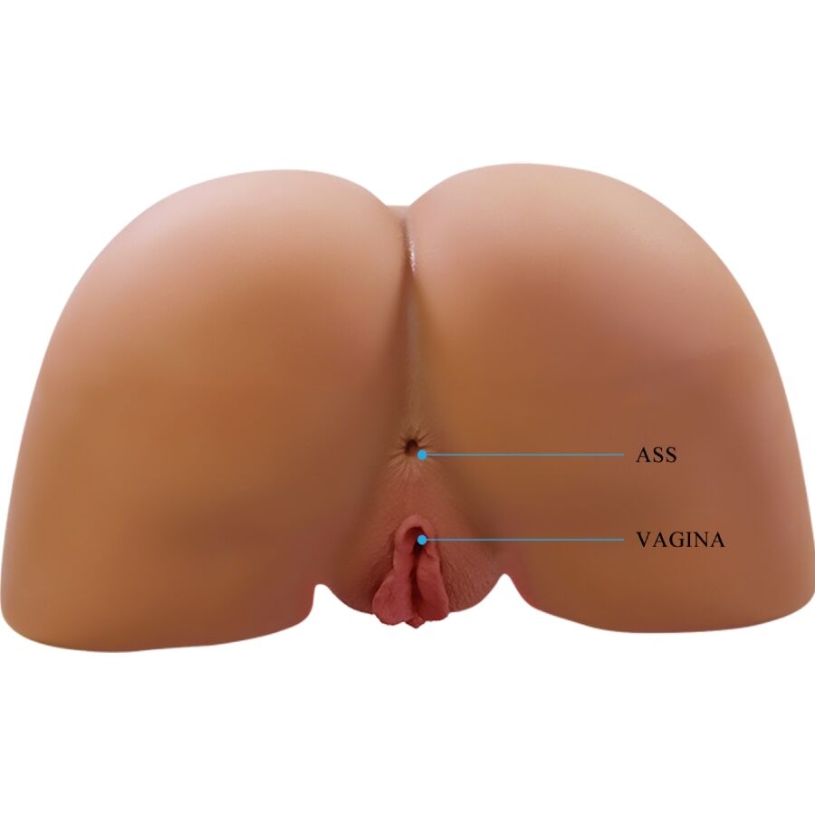 Masturbateur buste realiste de dos avec reperes ass et vagina, double entree moulee en TPE chair, fesses galbees souples a la texture lifelike vibrante.