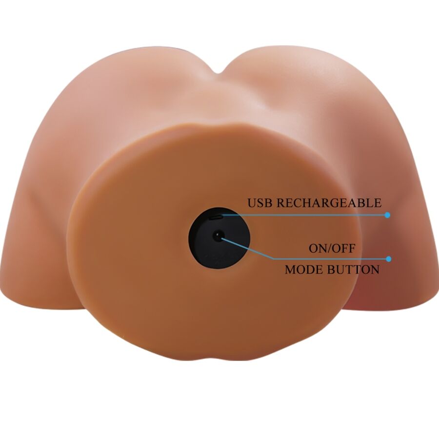 Masturbateur buste realiste vu de dos avec bouton USB rechargeable et mode indiques, orifice moule en TPE chair souple, fonction vibration immersive.
